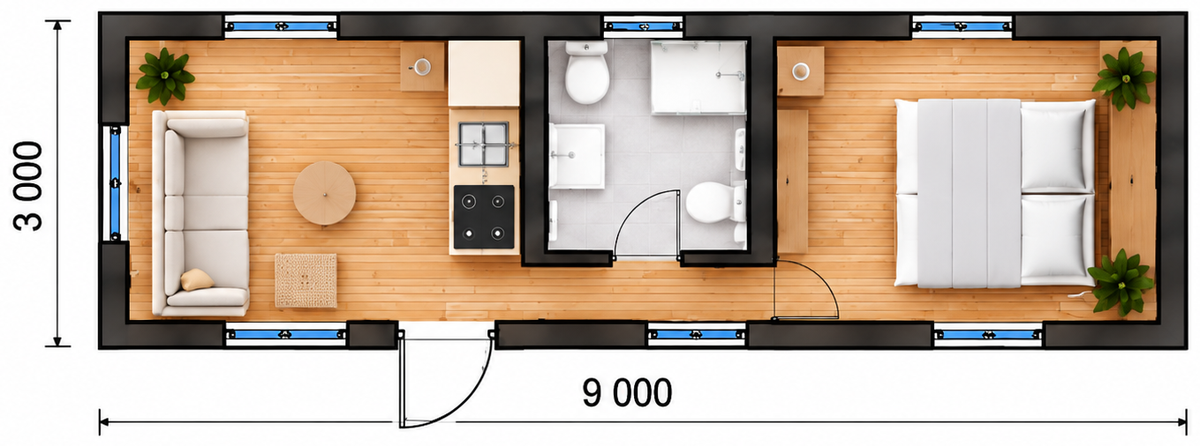 Floor plan of a Fixmodul modular house, 3.00 × 9.00 m