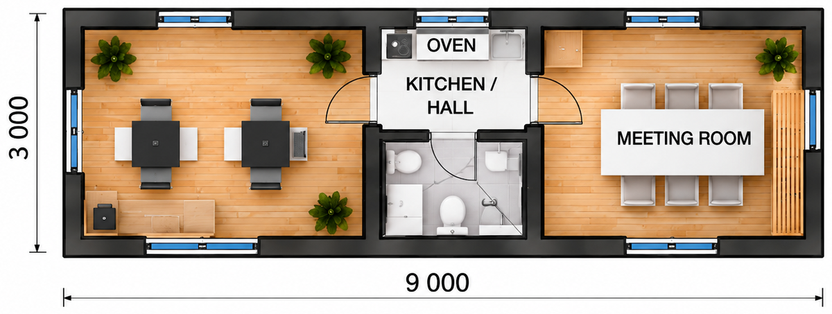 Floor plan of a Fixmodul office module, 3.00 × 9.00 m