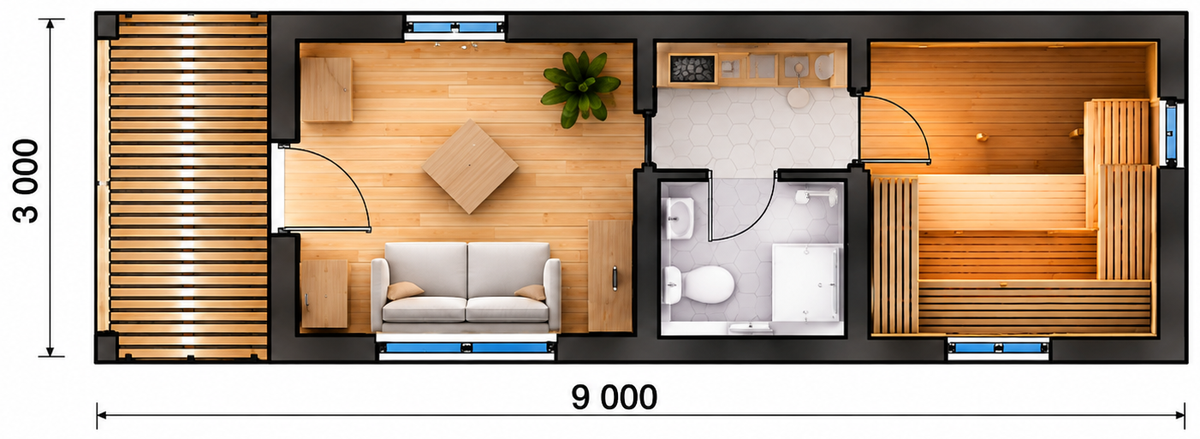 Floor plan of a Fixmodul sauna module, 3.00 × 9.00 m